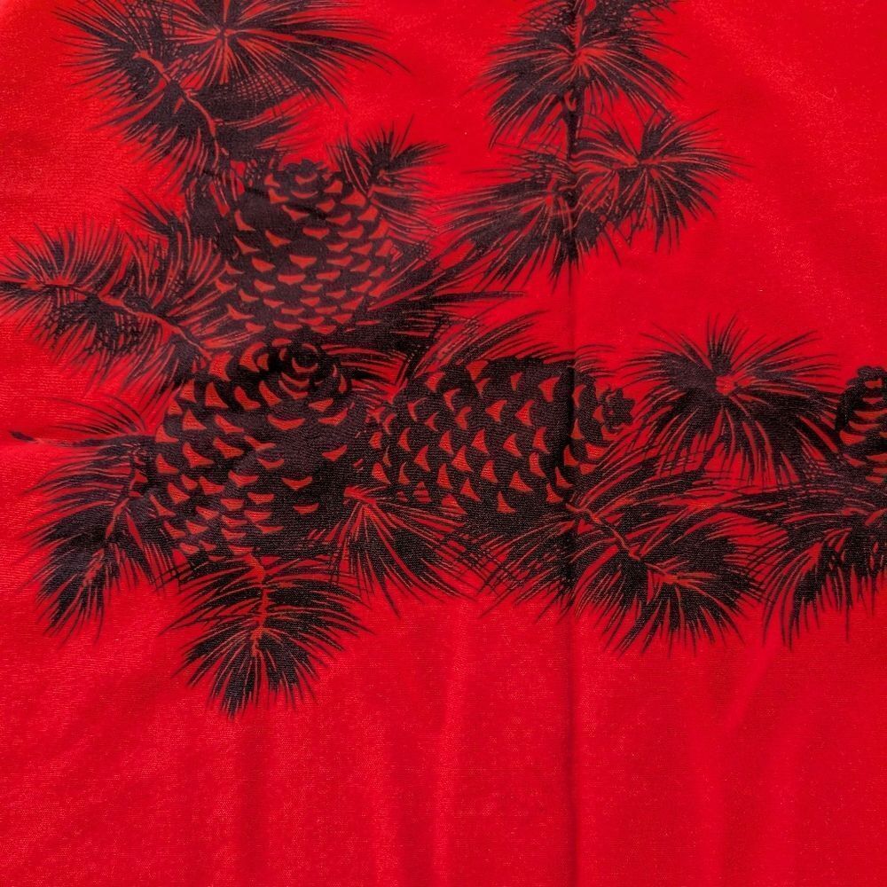 Vintage 50s California hand print red pine cone print tablecloth MCM